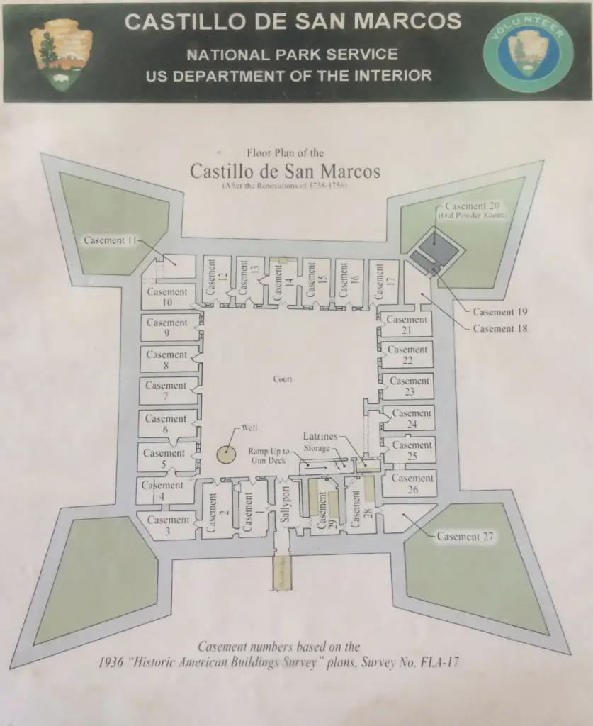 This floor plan is posted on the site by the Park Service. Click to enlarge. The sea -- the greatest threat -- is to the right. The walls are thickest there.