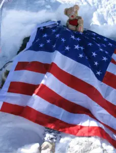 Francys Asteniev was an American climber who died with her husband Sergei on Everest in 1998. For years her body was exposed, but other climbers covered her with this flag. It is not practical to recover bodies from Everest. 