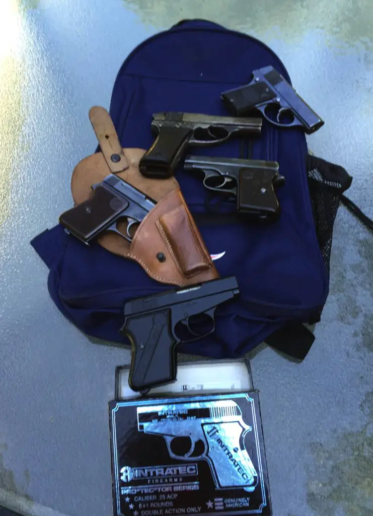 Yay! Pocket pistols. From top down: Little Tom 6.35; Little Tom 7.65; 1946 CZ 45; 1939 CZ 36; Intratec Protec-25 n Box.