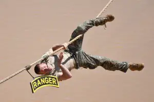 This rope traverse in Ranger School is a one-time deal, not part of the PT test. One example of the physical demands on the Ranger candidate. The ladies won't be doing this.