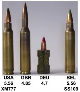 The four NATO ammo contenders. Soon after the SAW tests described in this series, NATO chose the SS109.