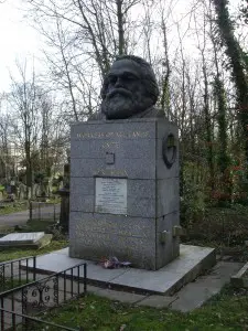Marx's headstone, in London, where he's buried with his wife, mistress, and assorted family members.
