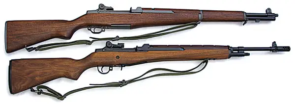 The M14 was supposed to replace the M1, but also the BAR, carbine, and SMG. Until you see them side by side, most people assume the 14 was smaller than the M1 (image: Rifle Shooter mag).