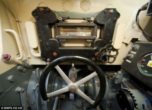 Driver station of the Tiger in running condition at Bovington. Note vision block (all images embiggen with a click).