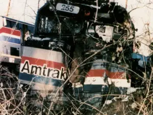 This photo is from an unusual accident. The usual one involves a train and a pedestrian. It doesn't hurt the locomotive.