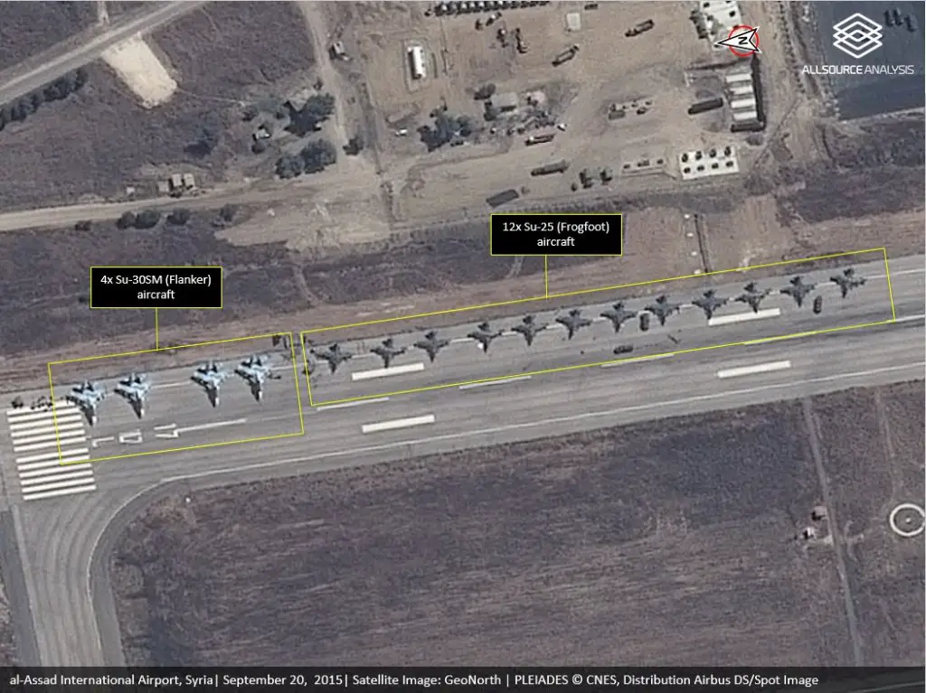 Russian combat airplanes at Latakia, Syria. From The Aviationist, which also explains how stealthily they got there. 