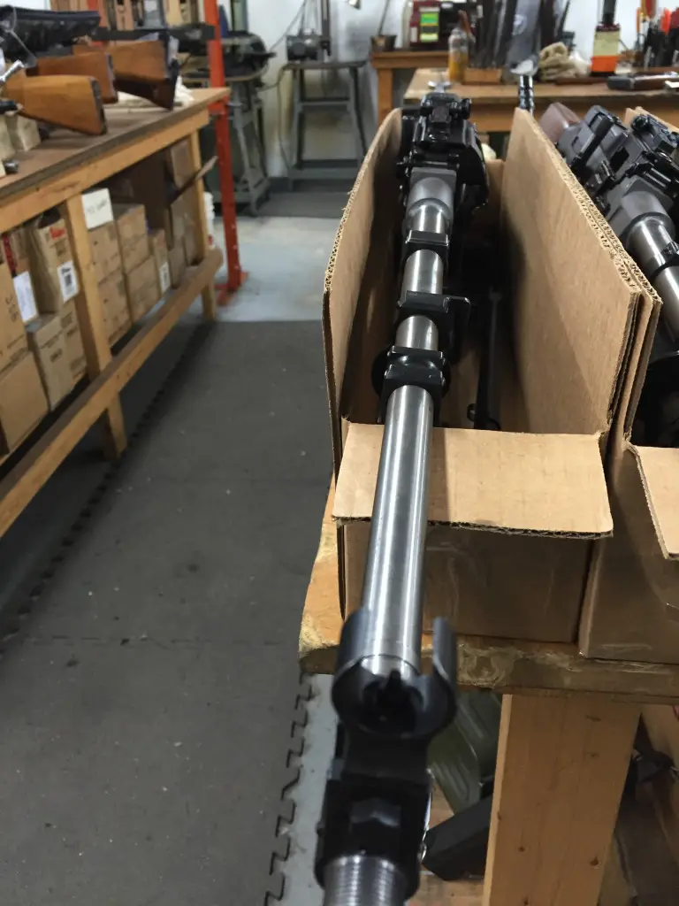 Here's one of the US-made barrels installed in an RPD. If you peek over to the left, you see a batch of customer guns -- Czech UK Vz.59s -- in for troubleshooting.