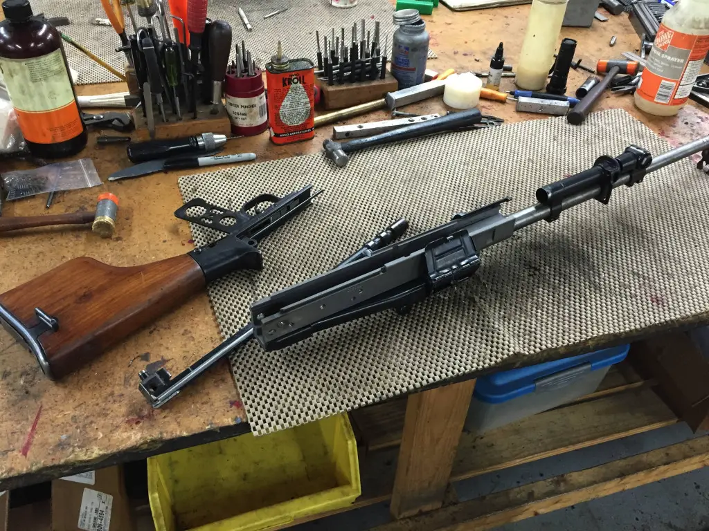 A semi-auto RPD approaches completion with careful hand-fitting on the gunsmith's bench. When it works and passes test-fire, it'll be blued, packed, and shipped to its proud new owner's FFL. 