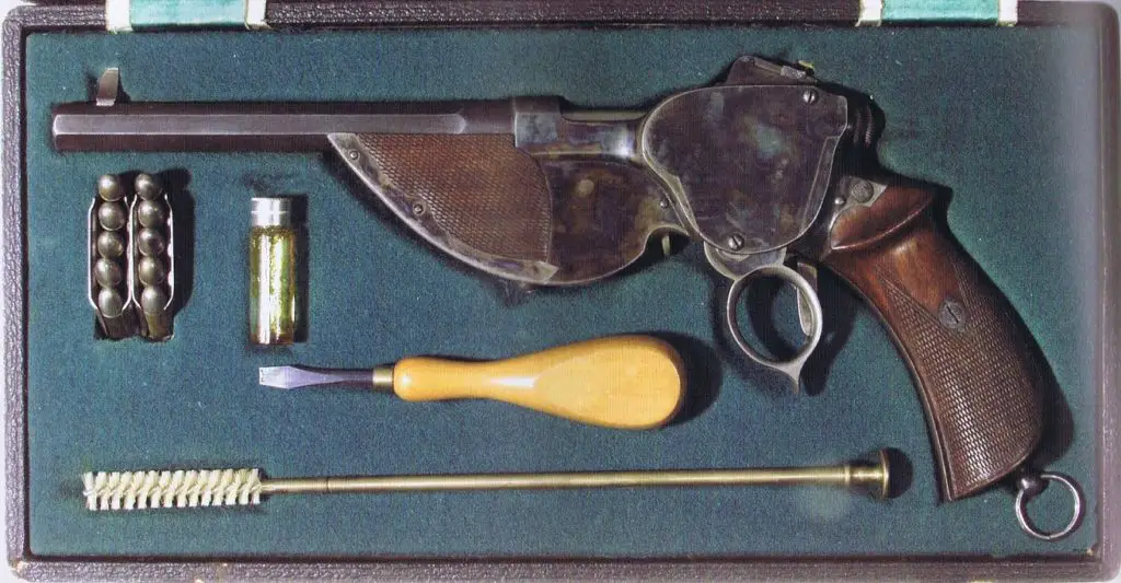 Bittner Repeating Pistol, (7.7mm?) cased with tools, ammo and en-bloc clips, from Forgotten Weapons. We believe this pistol to be in the personal collection of Horst Held.