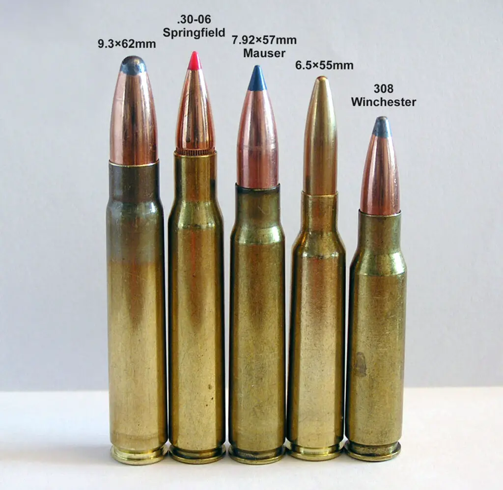  9.3×62mm, .30-06 Springfield, 7.92×57mm Mauser, 6.5×55mm & .308 Winchester