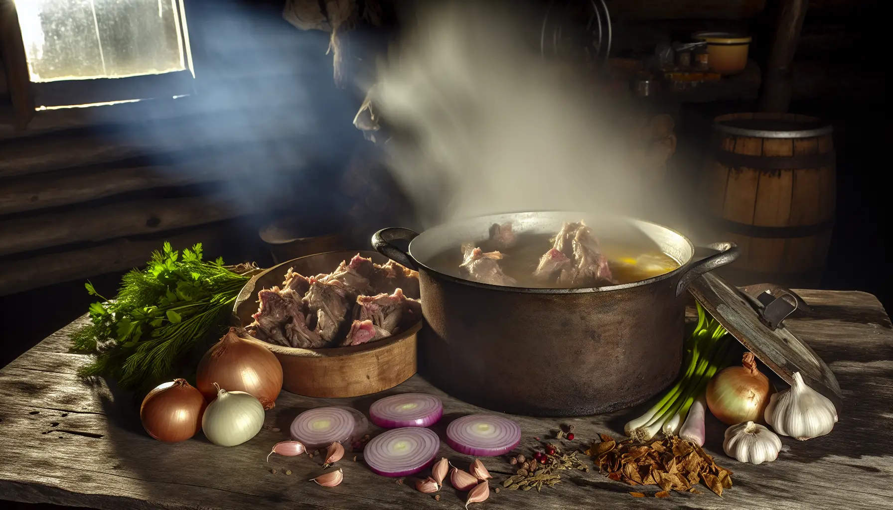 Raccoon meat being slow-cooked in a pot with savory ingredients