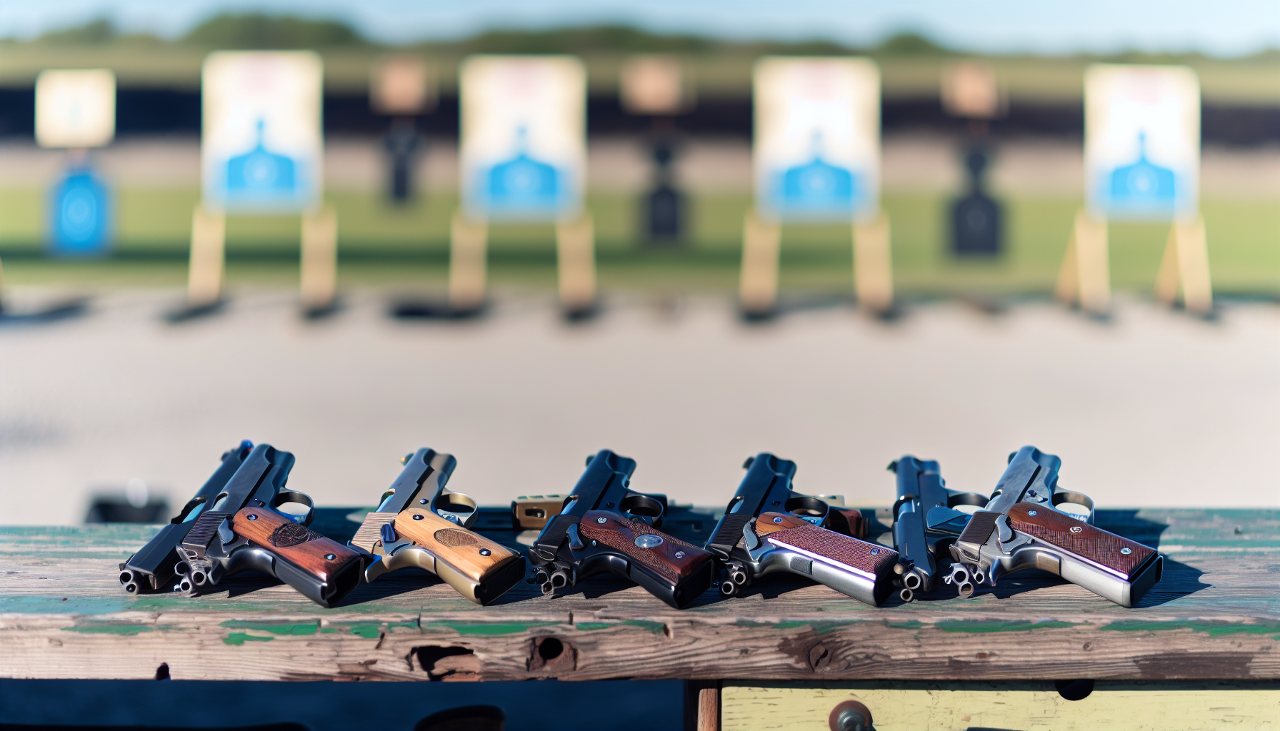 A variety of .22 pistols displayed on a table at a shooting range