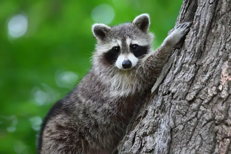 Wild raccoon climbing a tree