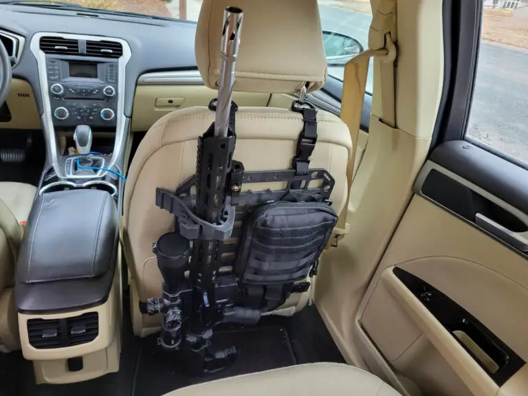 Grey Man Tactical Vehicle Seat Rifle Rack mounted in a SUV seat