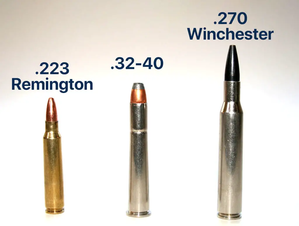 .32-40 cartridge (center) next to a .223 Remington (left) and a .270 Winchester (right)