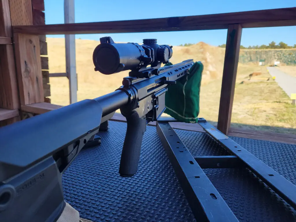 Shooting at the range with the Primary Arms SLX 1-10x28 scope mounted on a rifle