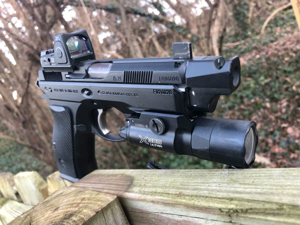 CZ 75 P01 front Right side of the pistol with flashlight and red dot sight