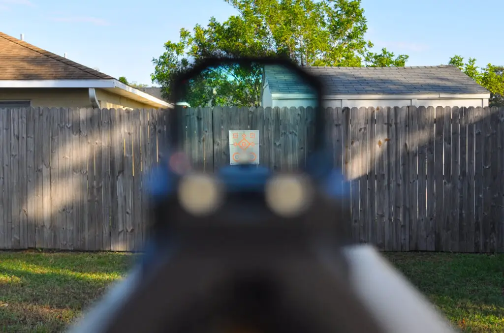 Swampfox Sentinel red dot reticle on target